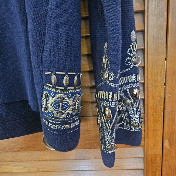 Chico’s Demitria Cardigan Women L Navy Gold Embroidered Byzantine Beaded Zip‎ Up - Picture 9 of 11